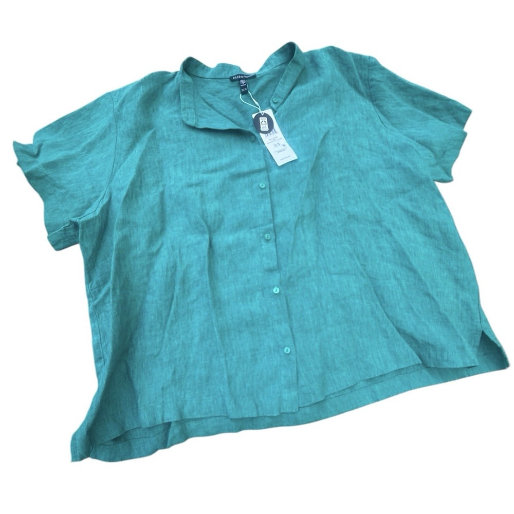 NWT $168 Eileen Fisher Jade Washed Organic Linen Mandarin Collar Shirt 2X